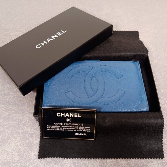 🔥💎 Chanel Caviar Kiss Lock Leather CC Logo Long Wallet Purse Blue Full set - Picture 1 of 16
